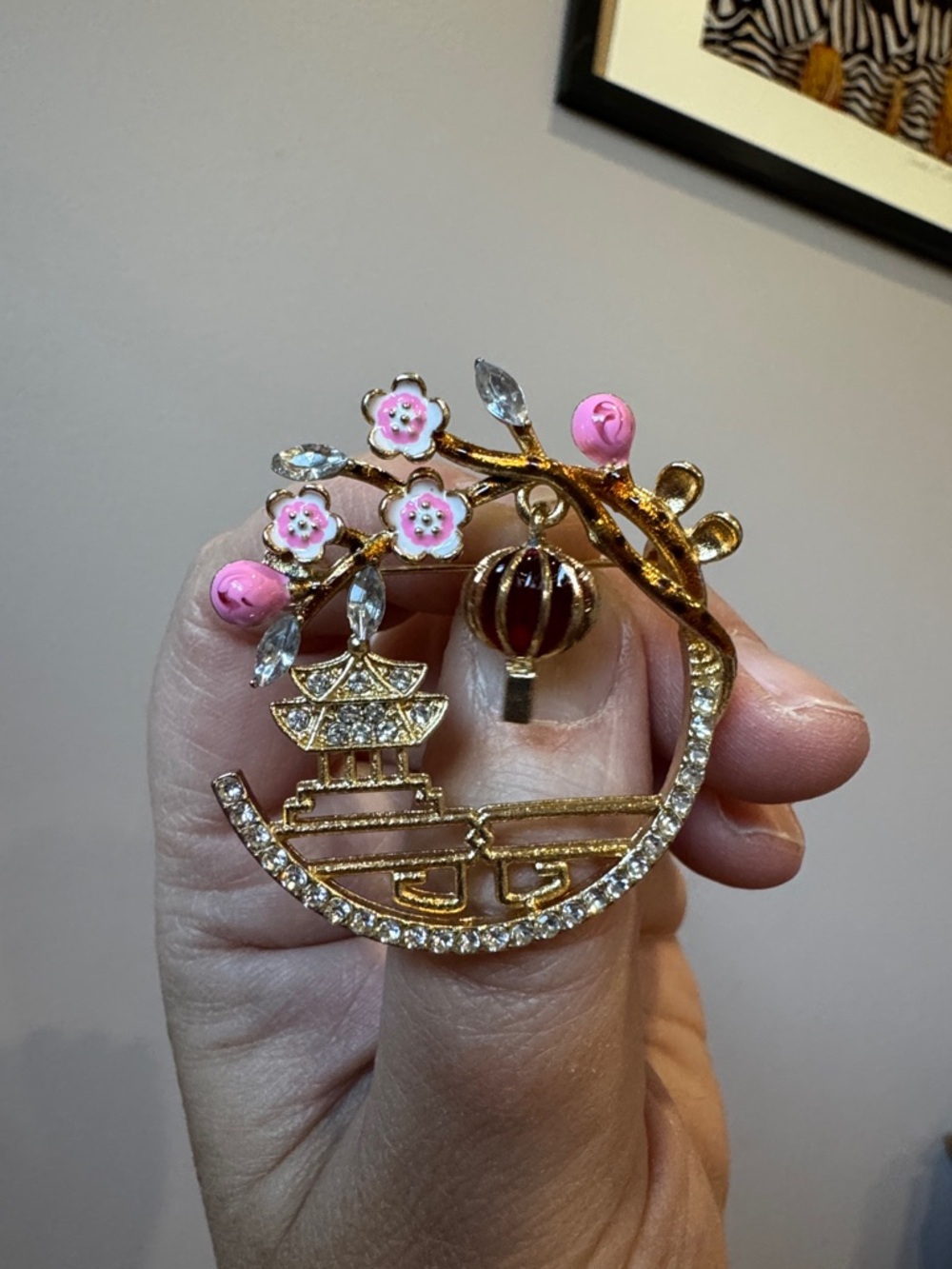 Gold-Tone Pink Blossom Pagoda Brooch with Crystal Accents
